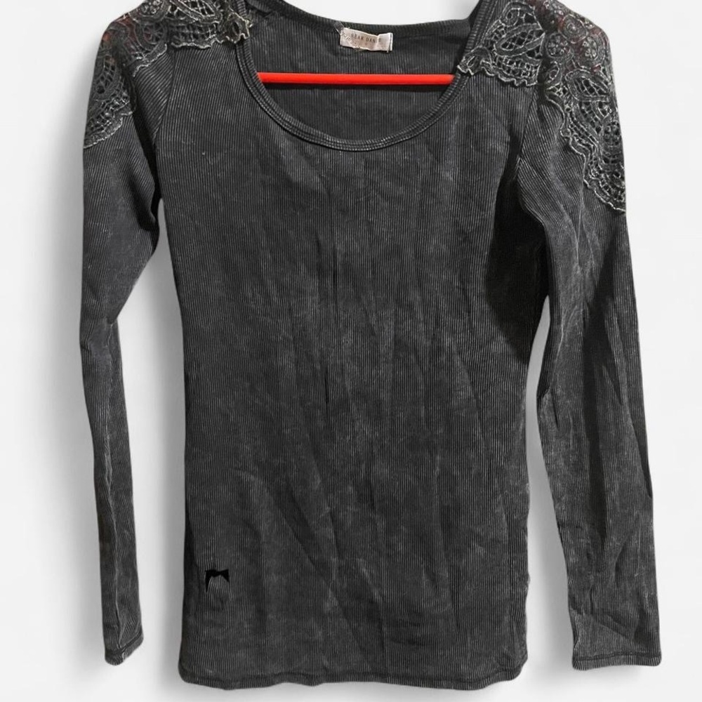 Bear Dance Charcoal Lace Shoulder Long Sleeve Top